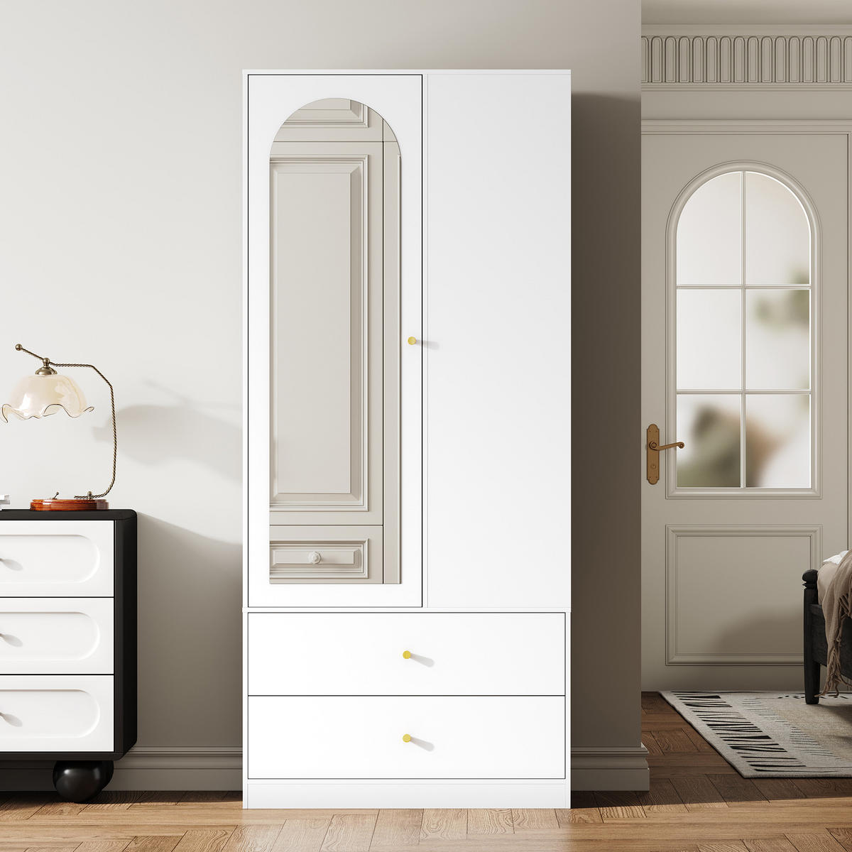 KLEIDERSCHRANK mit Spiegel 1 Tür Schubladen Weiß Modern - Weiß, Holzwerkstoff (80/180/40cm) - FLIEKS