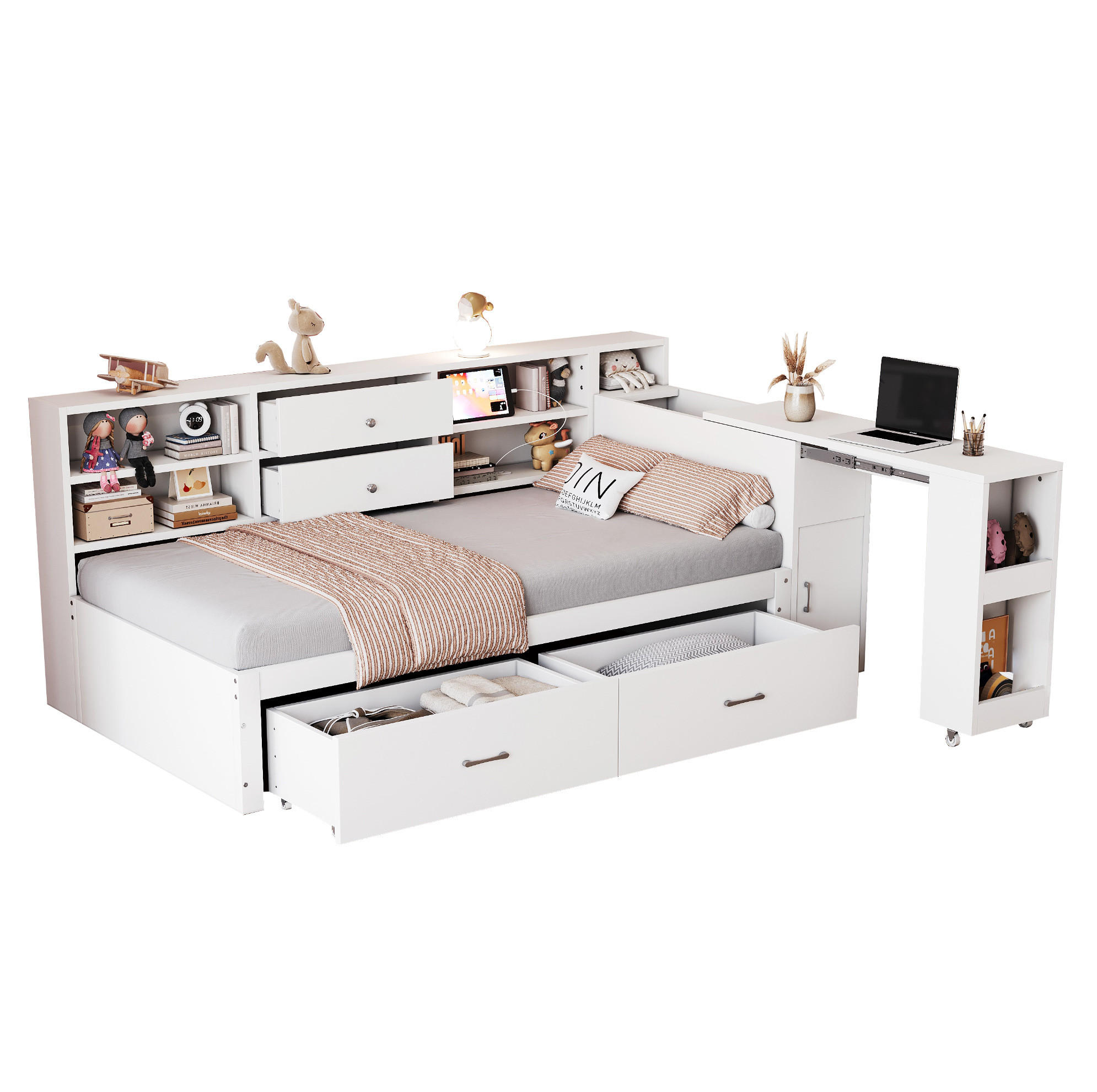 BETT Holz 90/200 cm mit ausziehbarem Schreibtisch und Stauraum Weiß - Weiß, Holz (90/200cm) - OKWISH