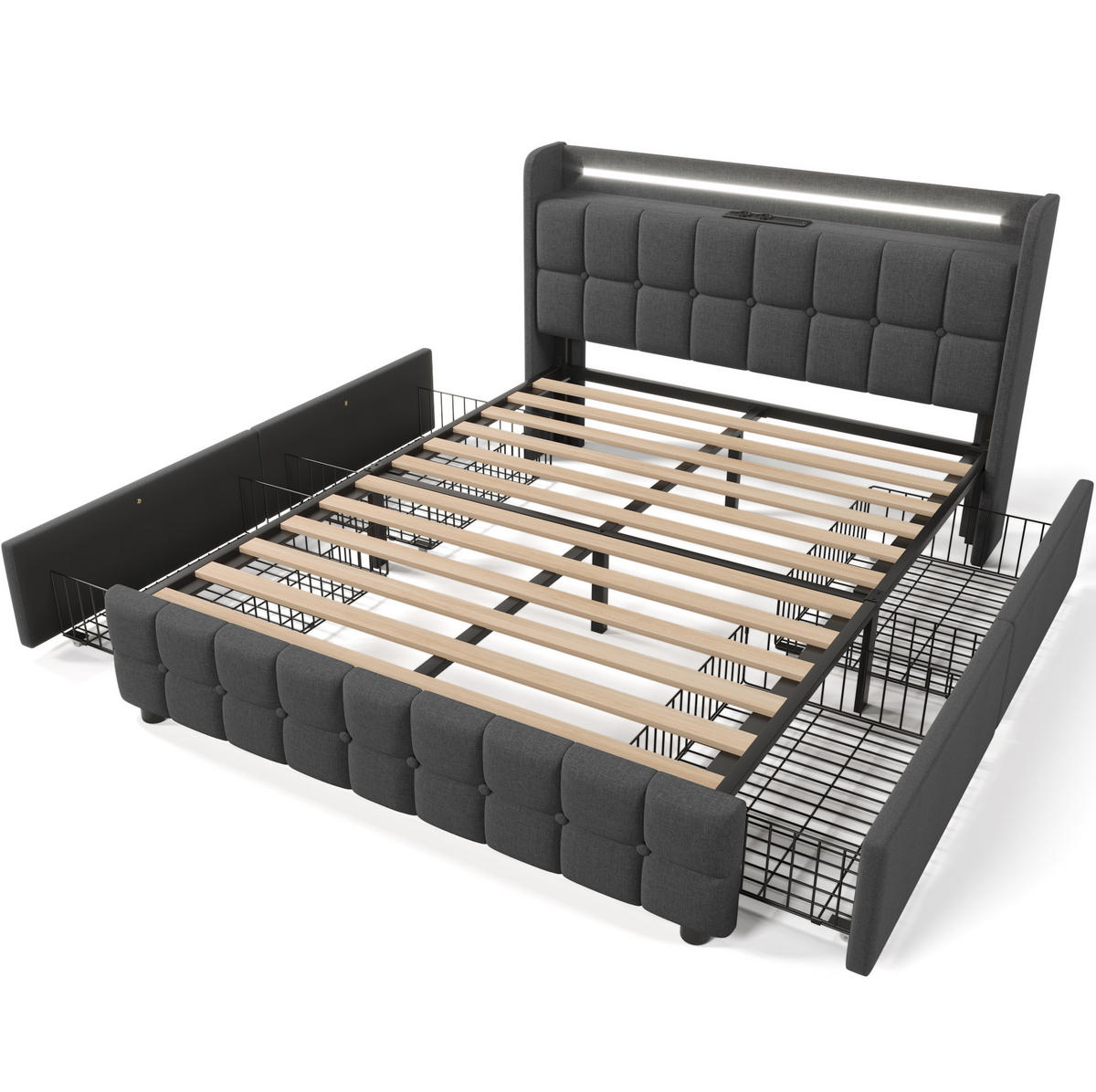POLSTERBETT 180x200 cm Grau mit LED-Beleuchtung, USB-Anschlüssen, Steckdosen und 4 Schubladen - Grau, Holzwerkstoff (180/200cm) - IVMEU