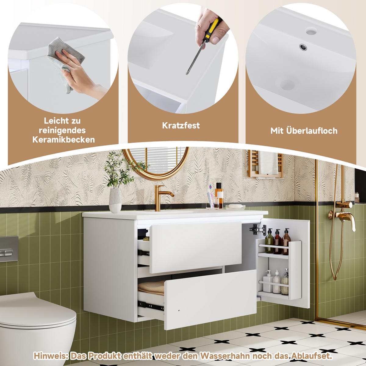 WASCHTISCHUNTERSCHRANK 91,5×46,5×50,5 cm, weiß, wandhängend, lackiert, mit LED-Radarsensor, 2 Schubladen, Türfach, leisen Schienen, Keramikbecken - Weiß, Holzwerkstoff (46.5/50.5/91cm) - Ej. Life