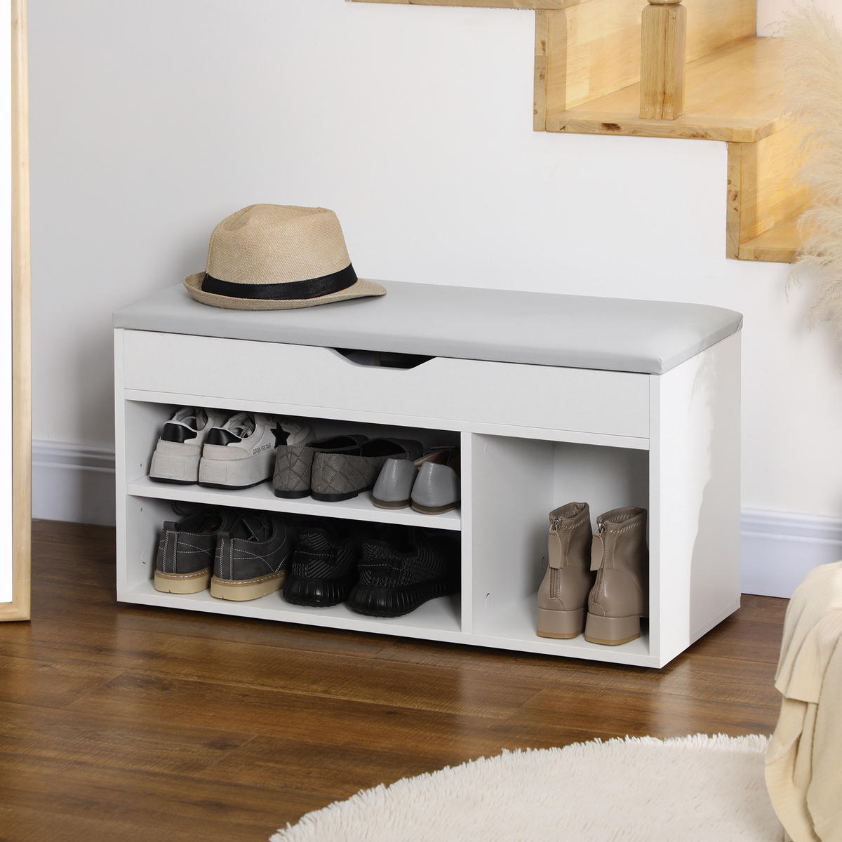 SCHUHBANK Weiß mit Sitzkissen und Stauraum - Weiß, Holzwerkstoff (80/43/30cm) - PANGIVO