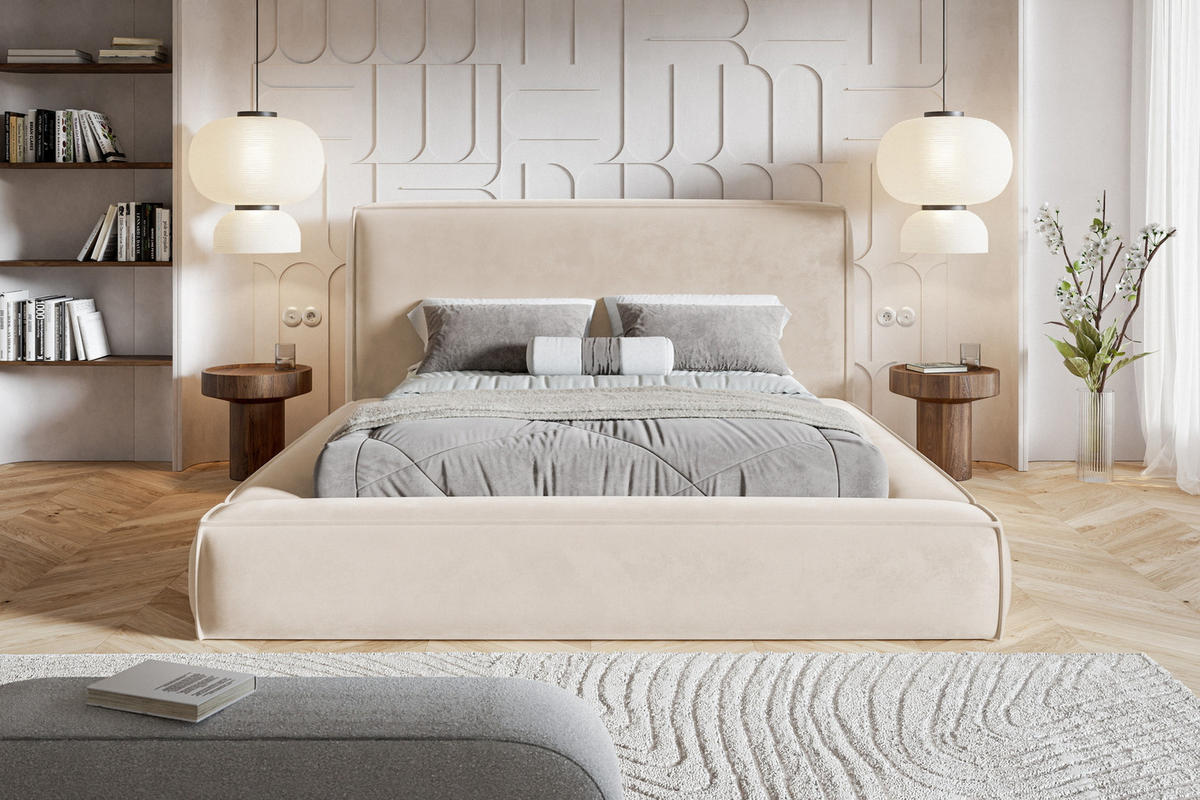 POLSTERBETT 160x200 Karano, Dicker Schaum, Bettkasten, Samt, Beige - Beige, Holz/Textil (160/200cm) - Emporius