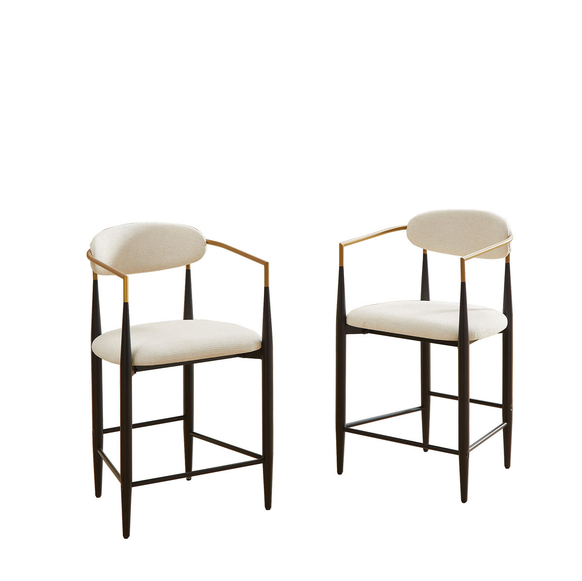 BARHOCKER 2er-Set mit Armlehnen, beigen Stoffpolstern und schwarzem Metallgestell mit goldfarbenen Akzenten - Beige, Textil (55/94/59cm) - MIVRAY