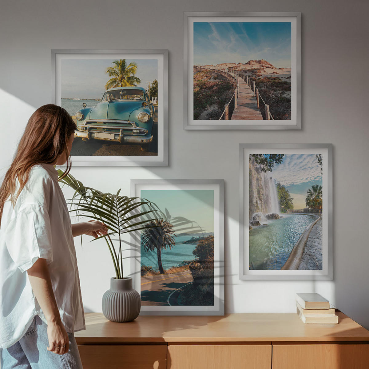 BILDER SET 4er Set - 50x50 cm & 40x60 cm Silberner Rahmen - Urlaub Palmen Wasserfall - Silberfarben, Kunststoff (50/50cm) - TULUP