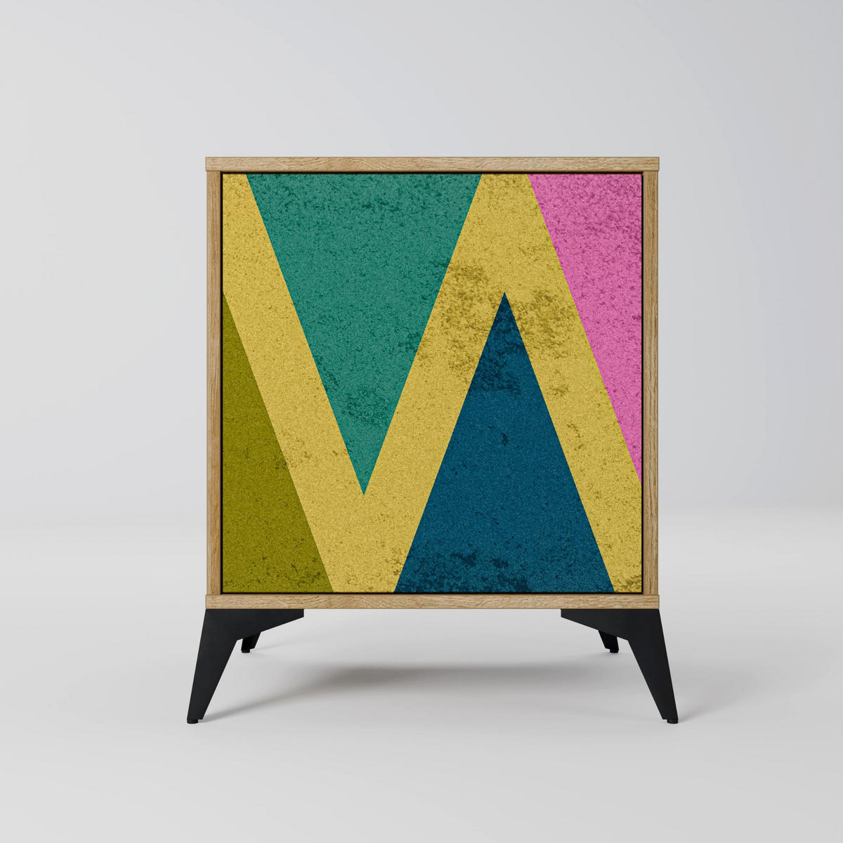 SIDEBOARD COLORFUL TRIANGLES, Eichefarben, 57,5x42x72,5 cm, Schwarze Metallfüße - Eichefarben/Multicolor, Holzwerkstoff/Metall (57.5/72.5/42cm) - SpaceRebels