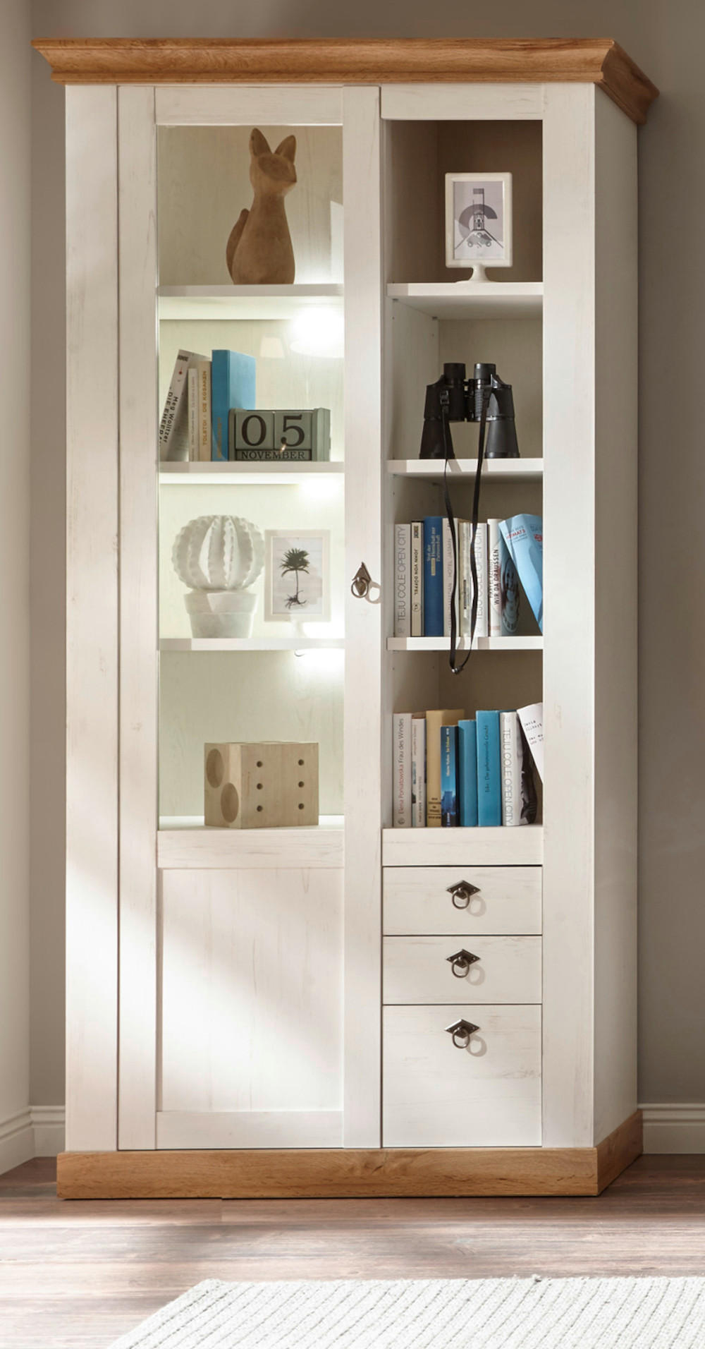 VITRINE weiß Pinie, Eiche Wotan 102 x 200 cm, Vitrinenschrank mit 10 Fächern - Silberfarben/Eiche Wotan, Glas/Holzwerkstoff (102/204/44cm) - Furn.Design