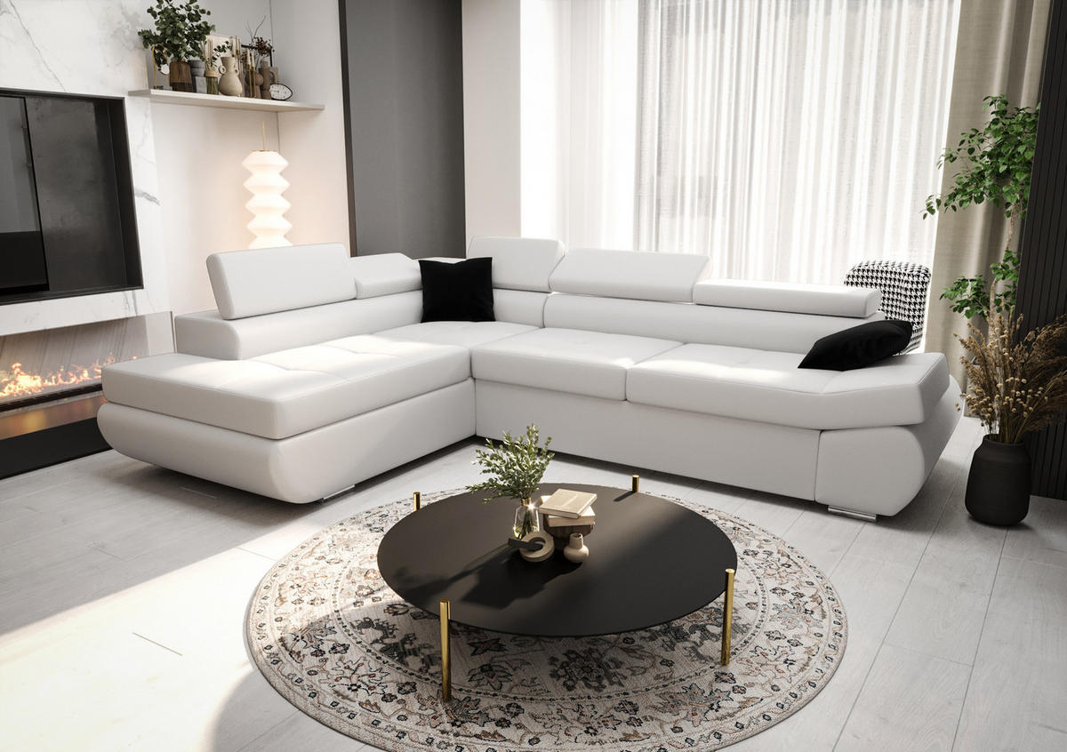 ECKSOFA KONGO RBN03, Eckcouch in L-Form mit Schlaffunktion, Farbe: Weiß, Kunstleder, Ottomane Links - Weiß, Textil (280/200cm) - O-Sofa