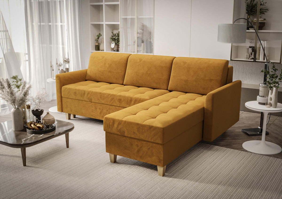 ECKSOFA KONGO RBN08, Eckcouch in L-Form mit Schlaffunktion, Farbe: Gelb, Velourstoff, Ottomane Rechts - Gelb, Textil (240/180cm) - O-Sofa