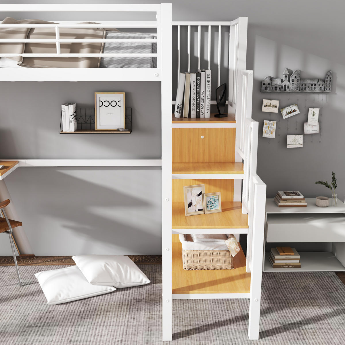HOCHBETT 90/200 cm in Weiß/Natur mit Kleiderschrank, Tisch und seitlicher Treppe - Weiß, Holzwerkstoff (90/200cm) - Flora Grace