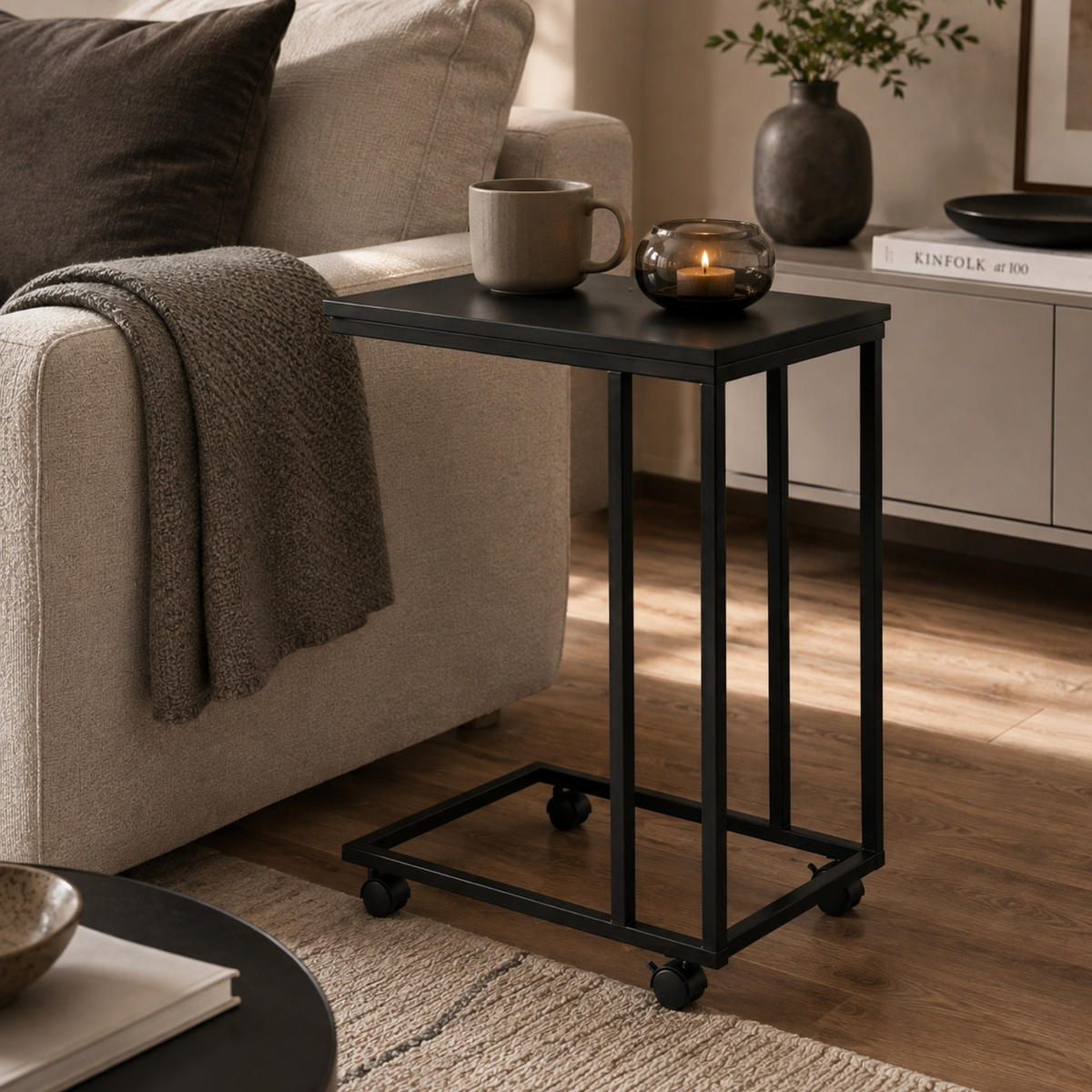 BEISTELLTISCH mit Rollen für optionalen Anbau Schwarz 35/50/61 cm - Schwarz, Metall (35/50/61cm) - SCENA LIVING
