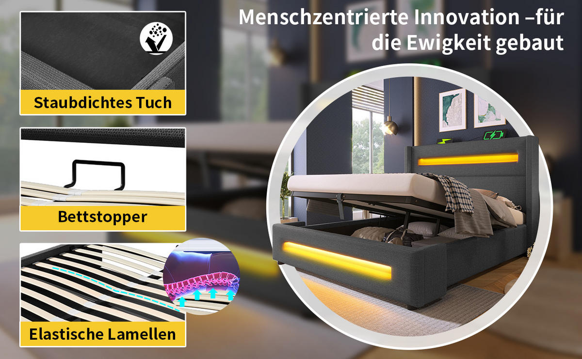 POLSTERBETT 160x200cm mit LED Beleuchtung und Stauraum - Grau, Holzwerkstoff/Textil - Urban Meuble