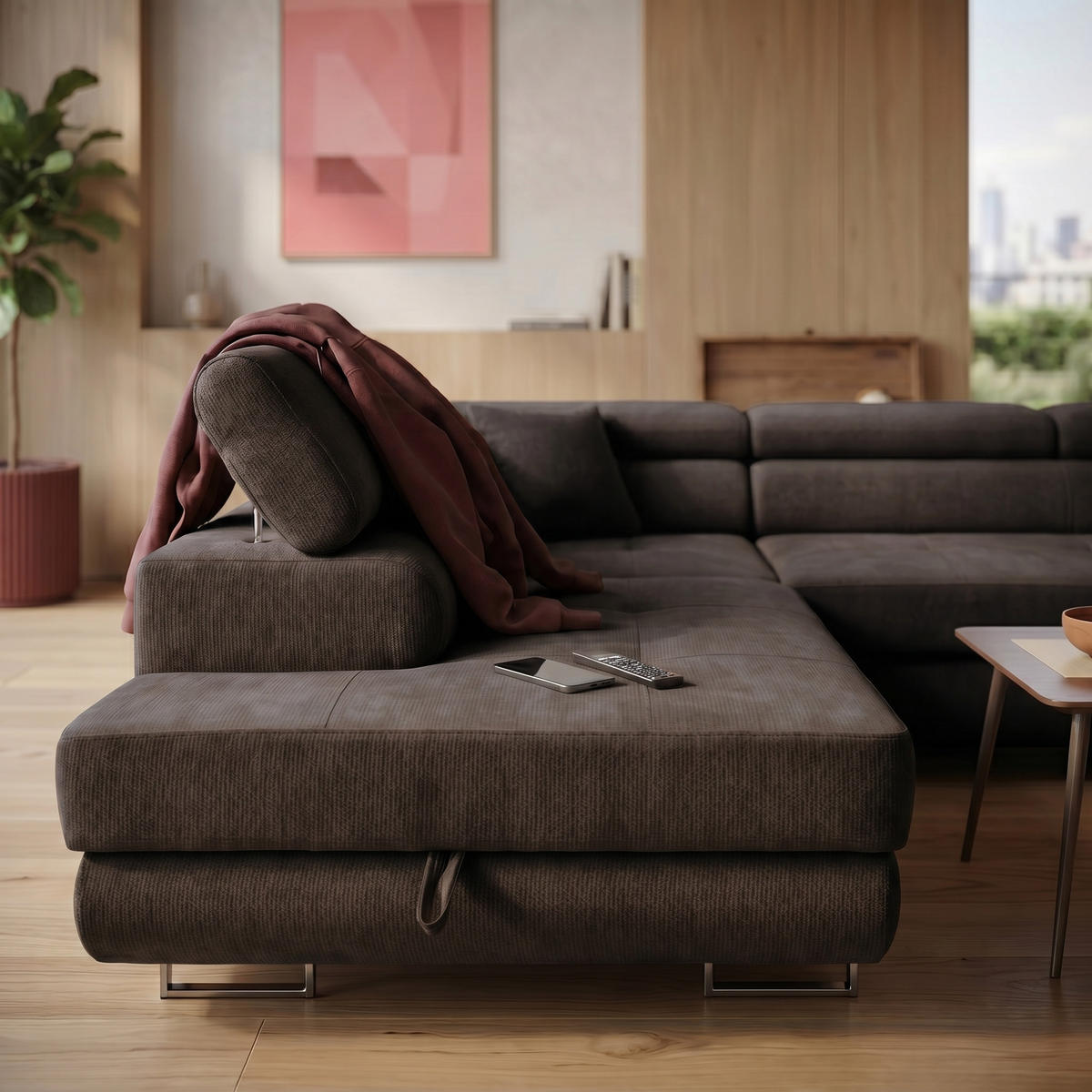ECKSOFA U-Form WILD U Links mit Schlaffunktion 130x260 Chenille Dunkelbraun - Dunkelbraun/Silberfarben, Holz/Textil (350/90/203cm) - Muffo