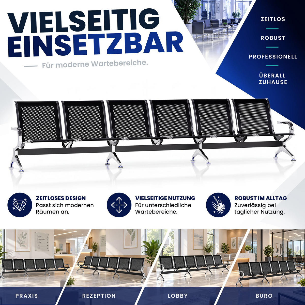 WARTEBANK Metall Schwarz - Chromfarben/Schwarz, Metall (356/77/60cm) - CLP