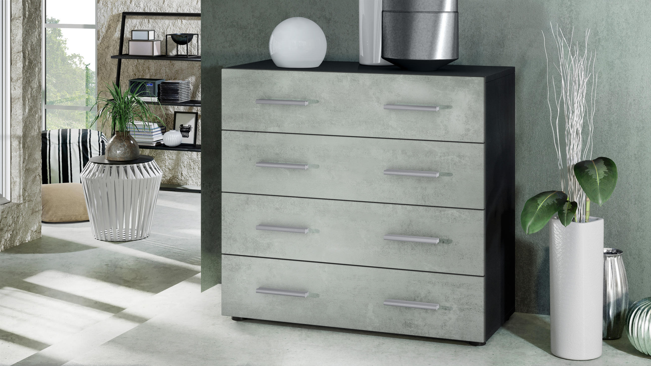 KOMMODE Pavos Beton Oxid Optik - Hellgrau, Holzwerkstoff (76/72/35cm) - Vladon