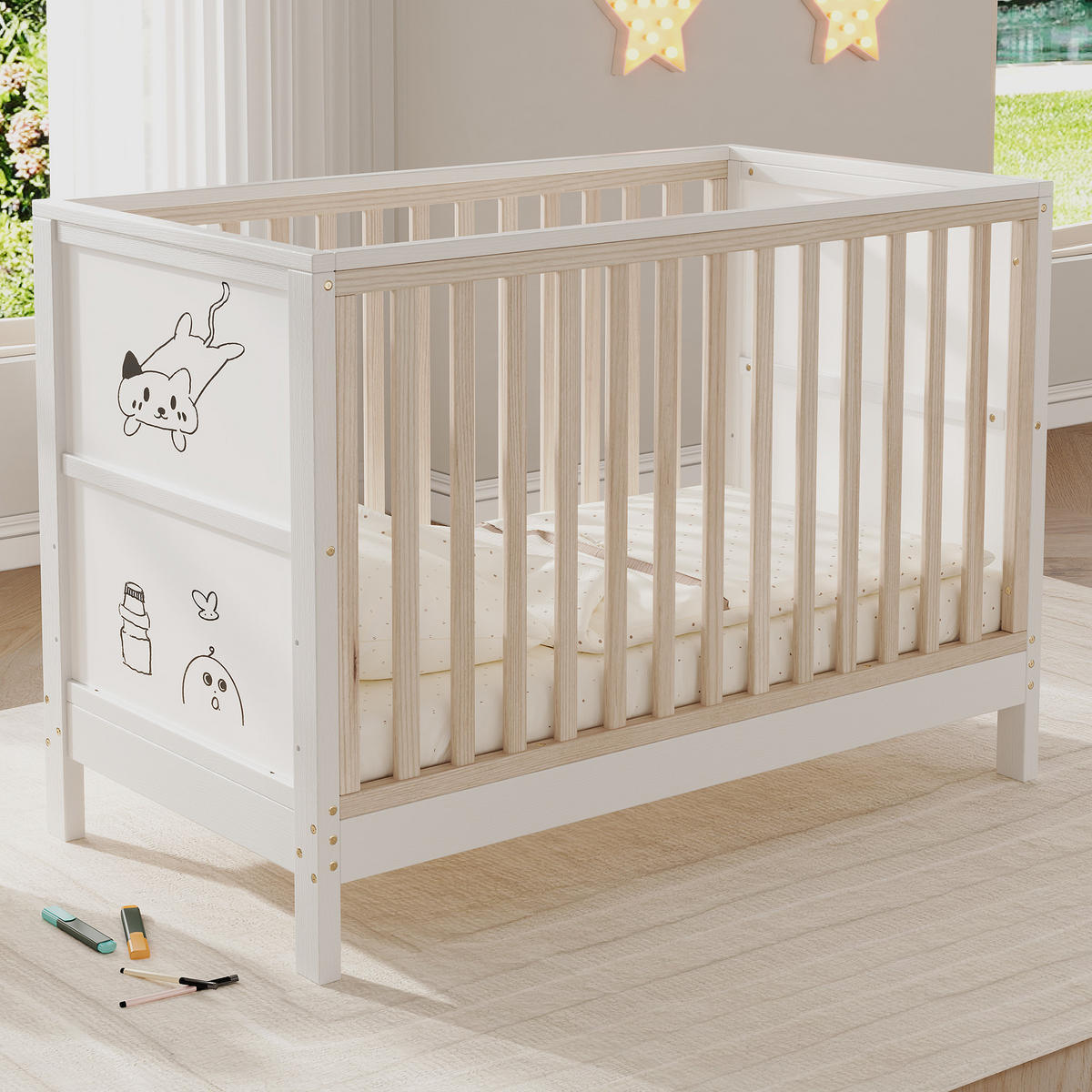 BABYBETT 60/120 cm in Natur/Weiß Massivholz mit bemalbaren Tafeln, 3-fach höhenverstellbar - Weiß/Naturfarben, Holz/Holzwerkstoff (60/120cm) - WISHDOR