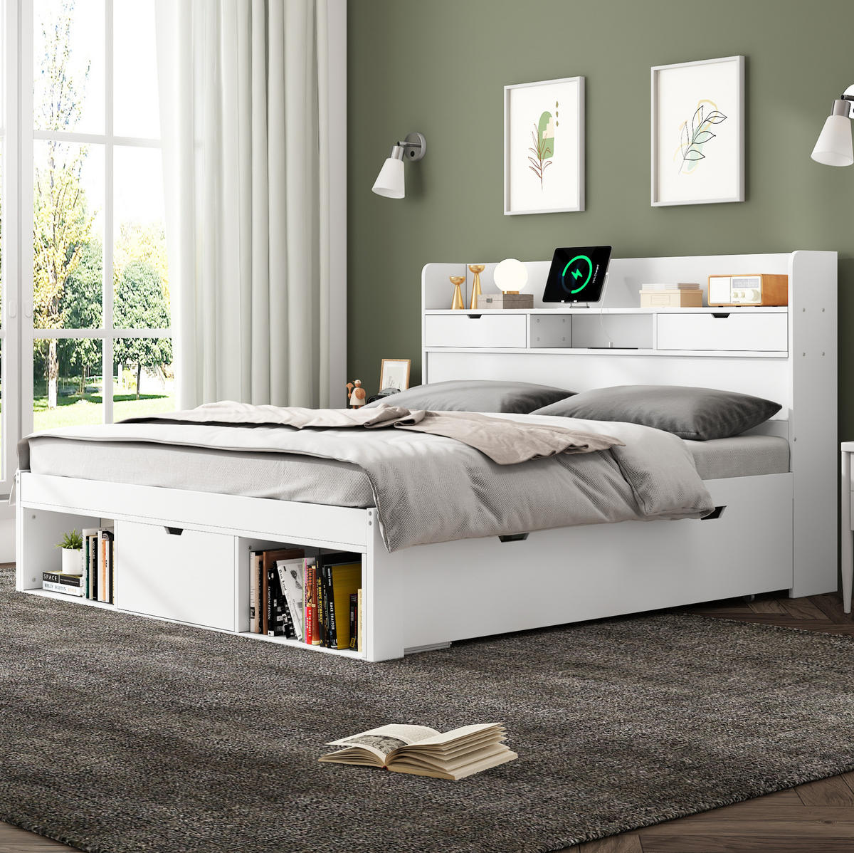 POLSTERBETT 160/200 cm Weiß mit Stauraum und USB- und Type-C-Anschlüssen - Weiß, Holzwerkstoff (160/200cm) - Flora Grace