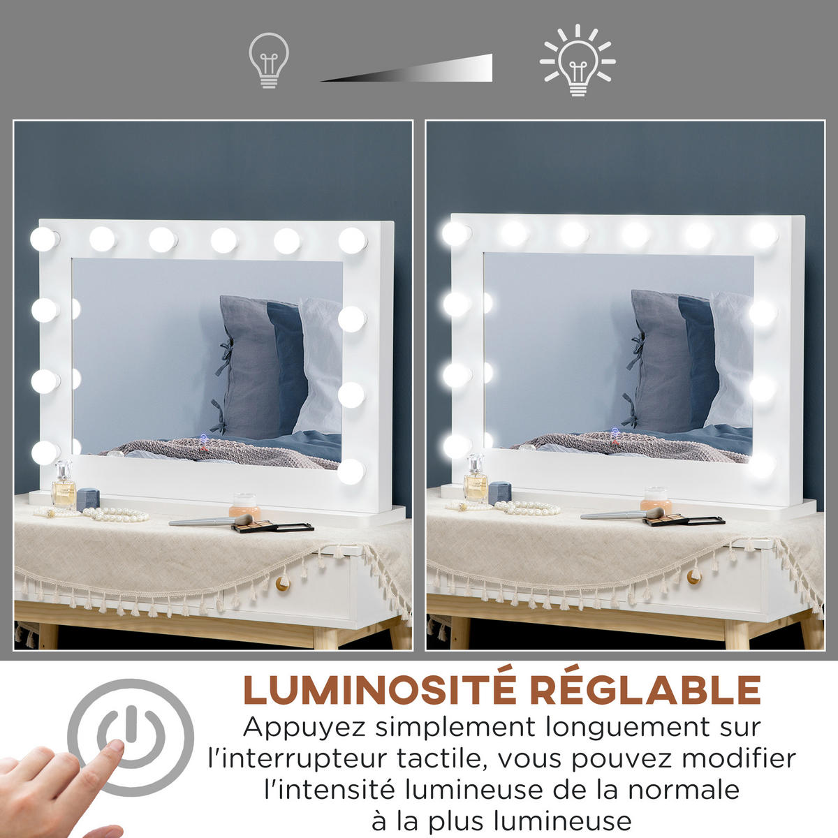 SCHMINKSPIEGEL DE-18311 mit 12 LEDs, dimmbar Weiß - Weiß, Glas (60/80/20cm) - ComfortXL