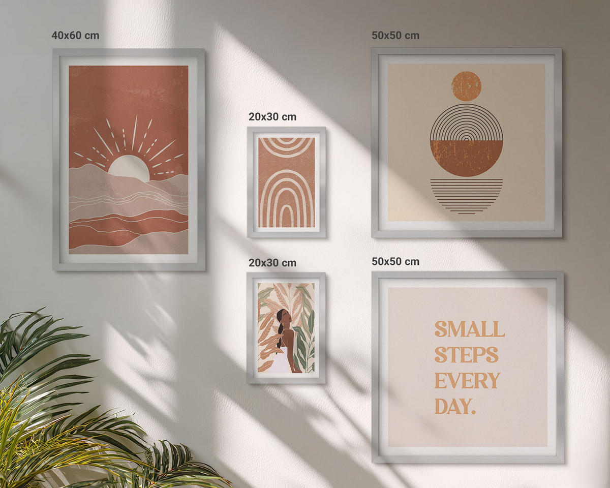 WANDBILDER 5er Set - 50x50 cm & 20x30 cm & 40x60 cm Silberner Rahmen - Ein entspannter Buddha am Strand - Silberfarben, Kunststoff (40/60cm) - ArtPrintCave
