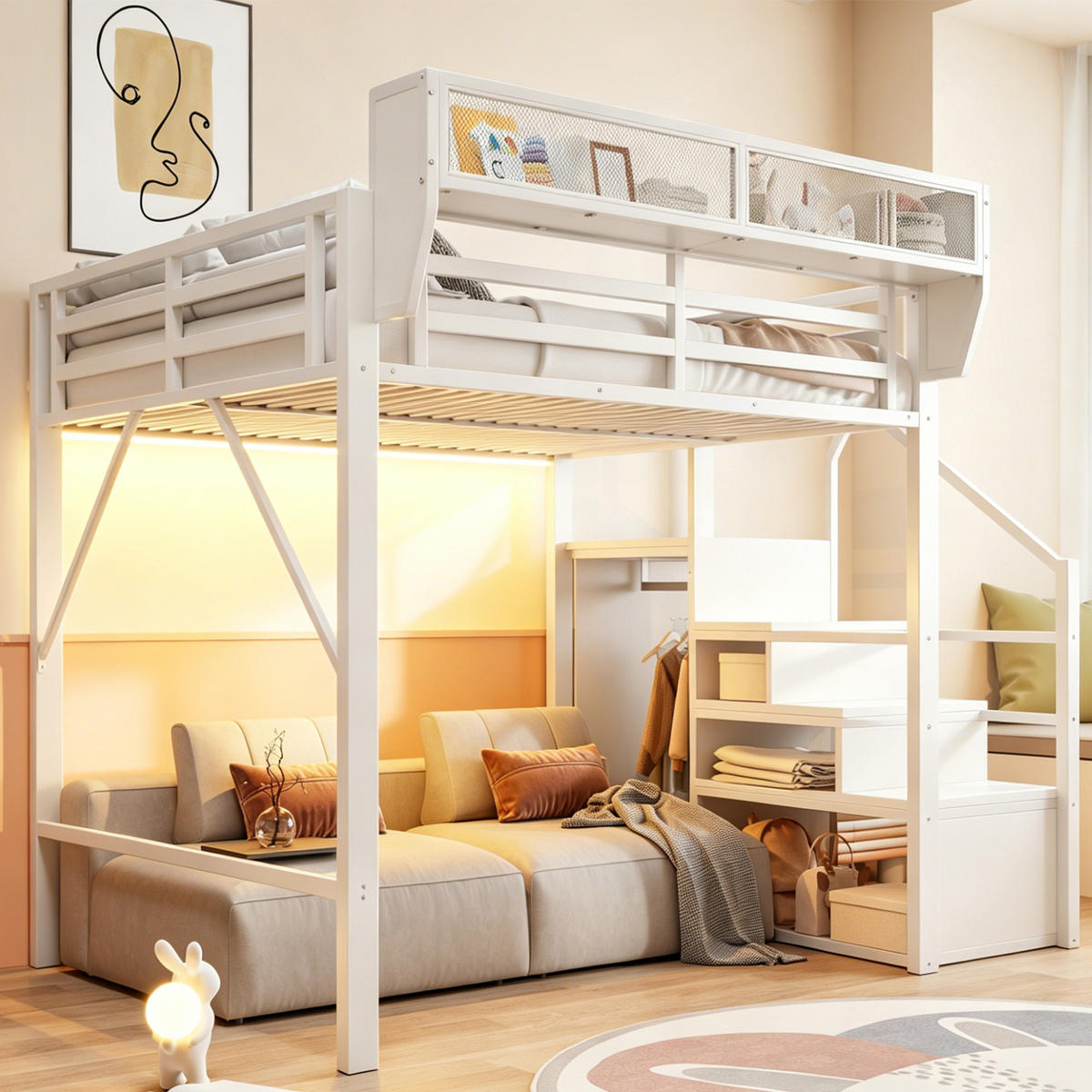 HOCHBETT 140/200 cm in Weiß Metall mit LED, Sicherheitsleiter und Stauraum - Weiß, Holzwerkstoff/Metall (140/200cm) - WISHDOR