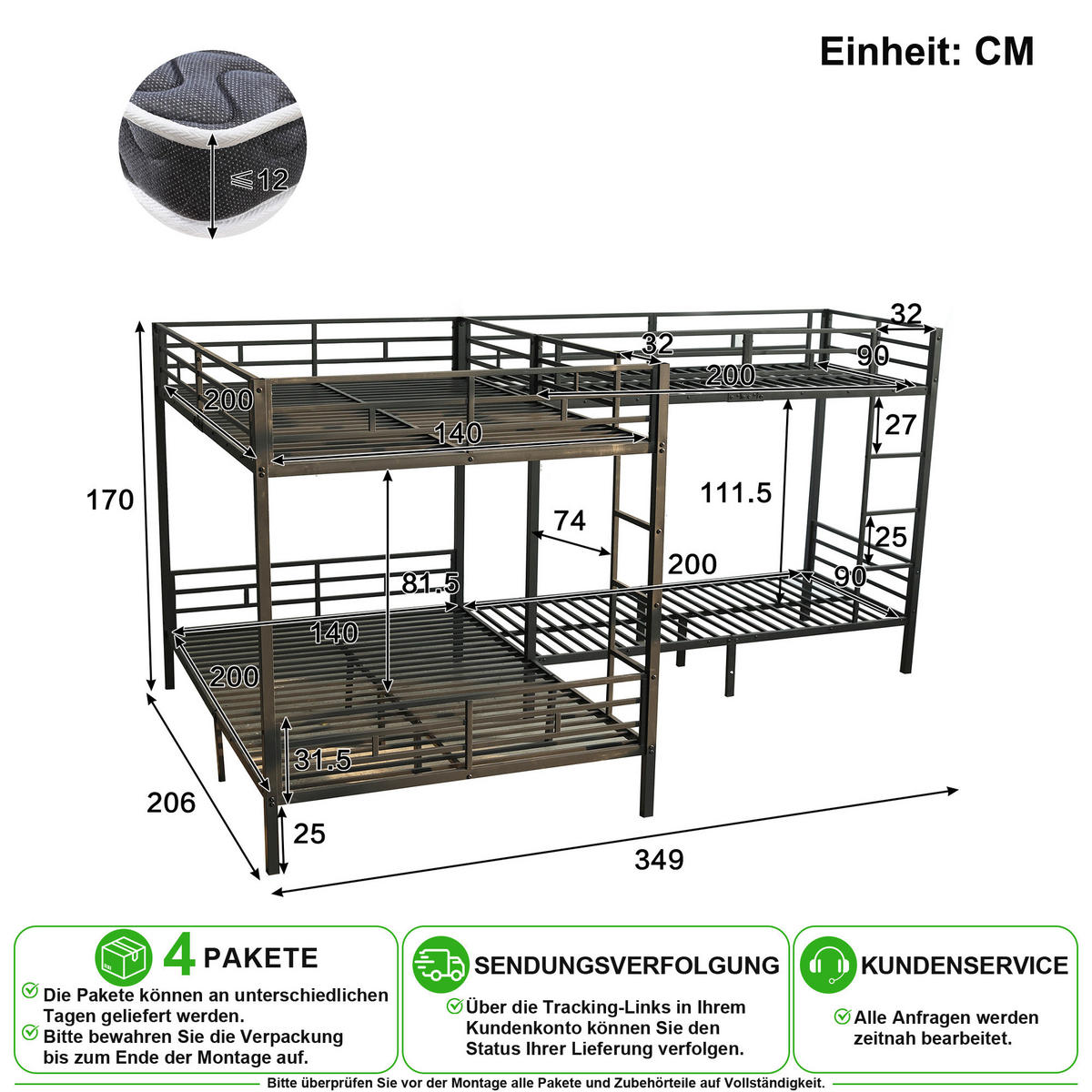 ETAGENBETT 90/200 cm & 140/200 cm in Schwarz mit Dreistufiger Leiter und Lattenrost - Schwarz, Metall (90/200cm) - CHICFURN