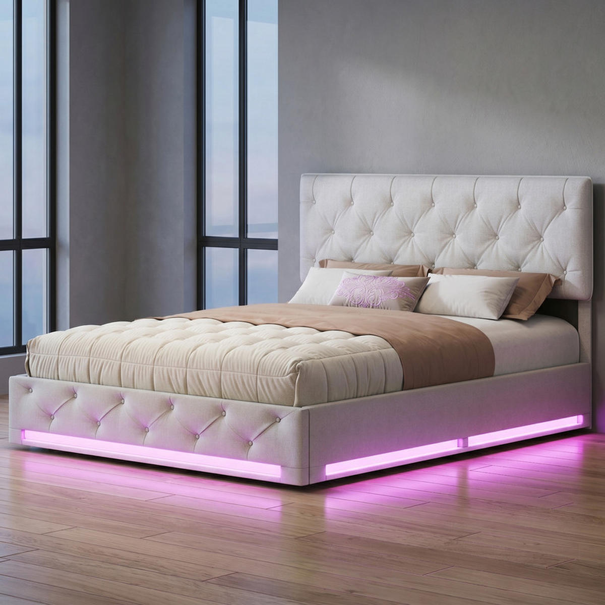 KLÄDD säng 140/200 cm beige med förvaringsutrymme och LED-belysning - Cremefärgad, Trä - SHOPENTRA