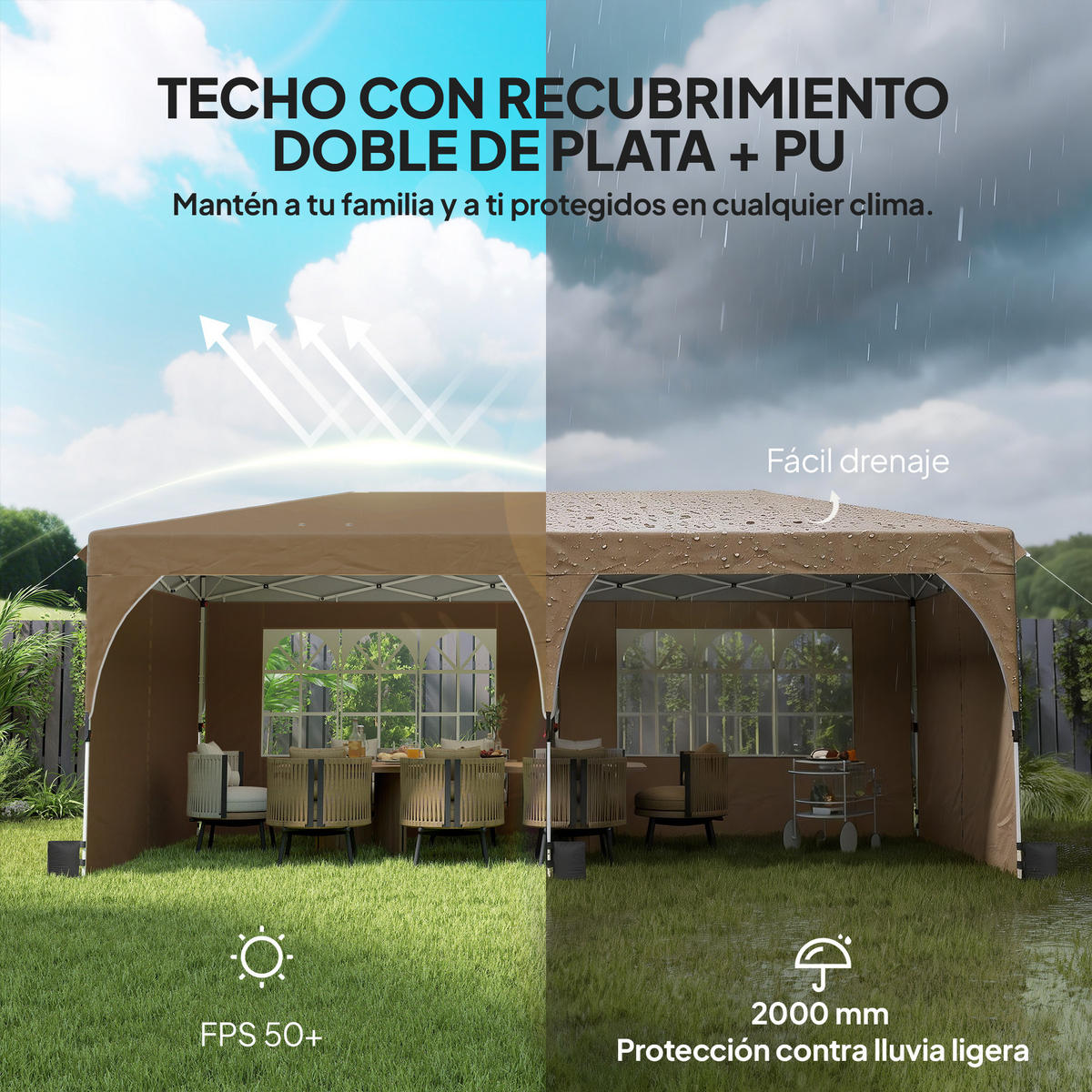 PAVILLON, UPF 50+, zentralem Verriegelungssystem, wasserdicht, 6x3m,beige - Beige, Metall (300/275/595cm) - Vallsero
