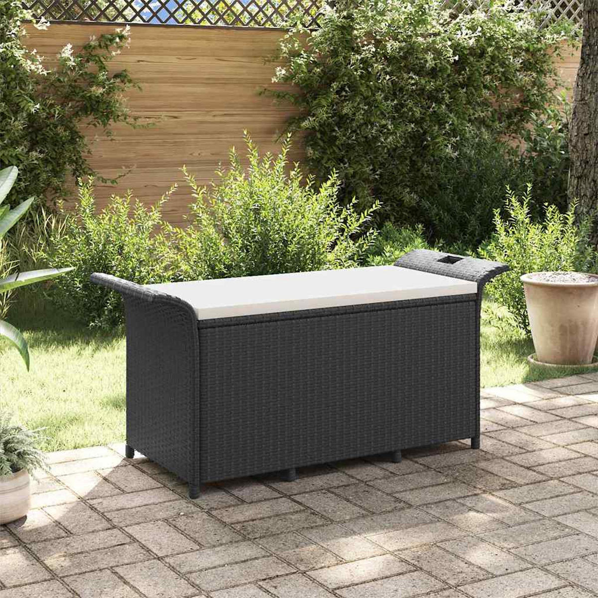 GARTENBANK mit Kissen Schwarz 116x46x57 cm Poly Rattan - Schwarz, Kunststoff (116/57/46cm) - furnicato