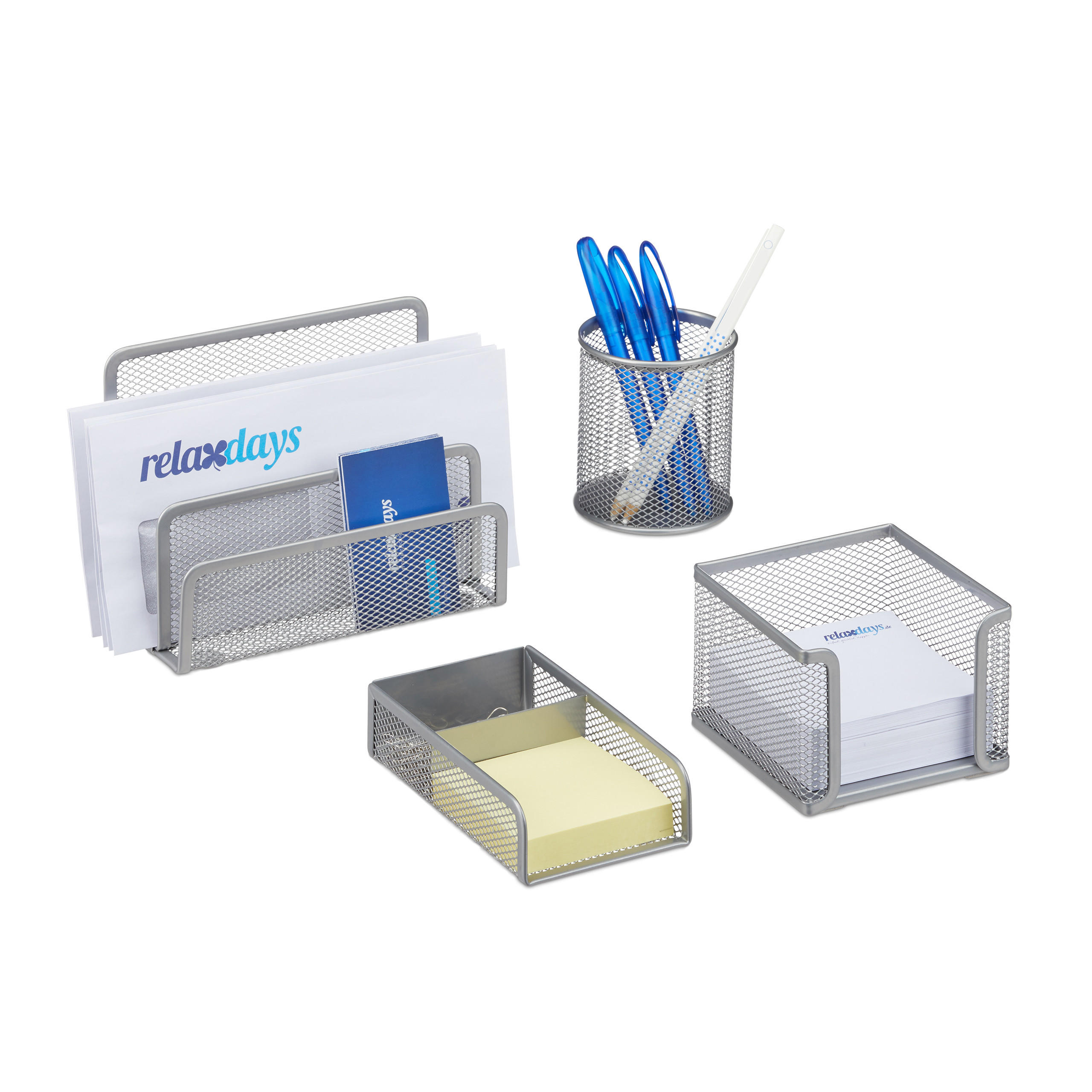 4TLG.SCHREIBTISCHORGANIZER - Silberfarben, Metall (14.5/17.5/13.5cm) - Relaxdays