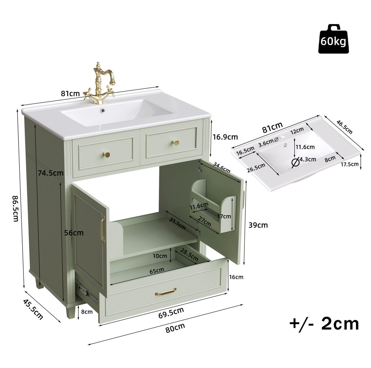 WASCHTISCHKOMBI 81/45,5/86,5 cm grün aus MDF mit Keramikbecken und Soft-Close-Schublade - Grün, Holzwerkstoff (81/86.5/45.5cm) - OKWISH