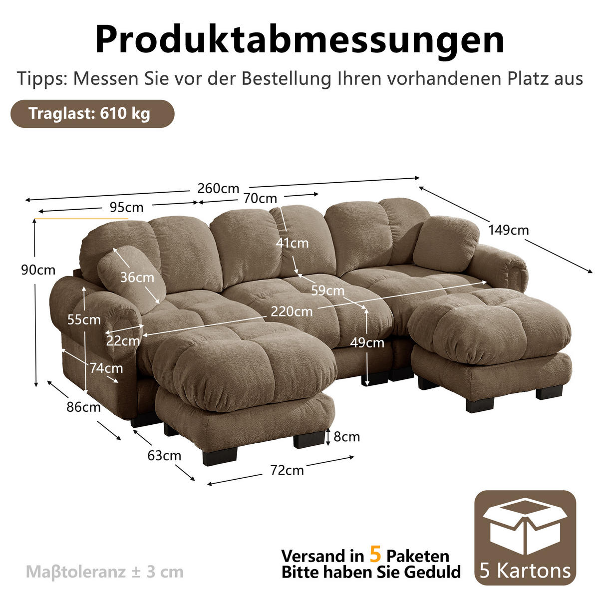 WOHNLANDSCHAFT DE-34384 U-Form mit Ottoman und Steppdesign Braun - Braun, Textil (149/90/260cm) - ComfortXL