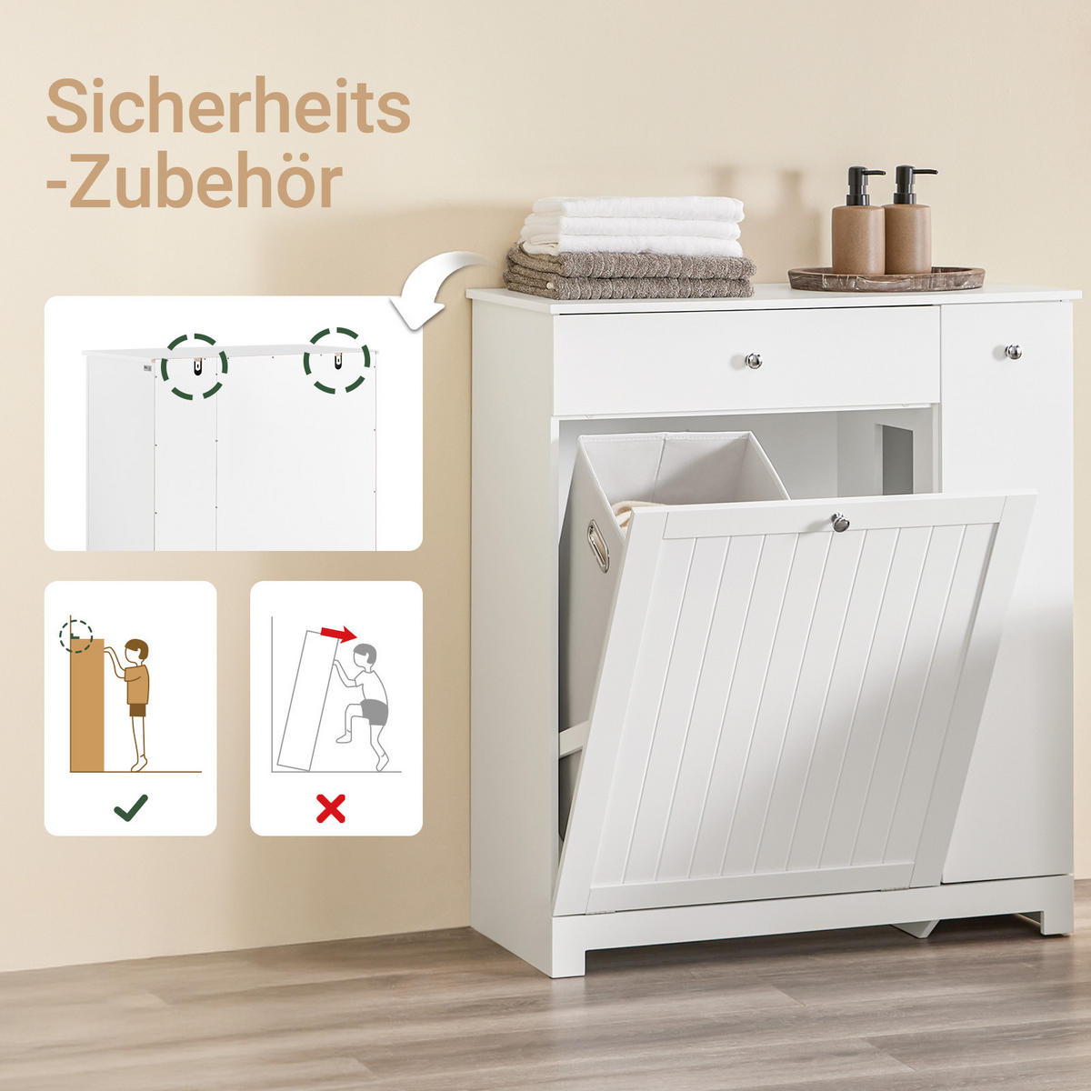 WÄSCHESCHRANK, Badschrank mit 2 Wäschesäcken, 78x38x90cm - Weiß, Holzwerkstoff (78/90/38cm) - SoBuy