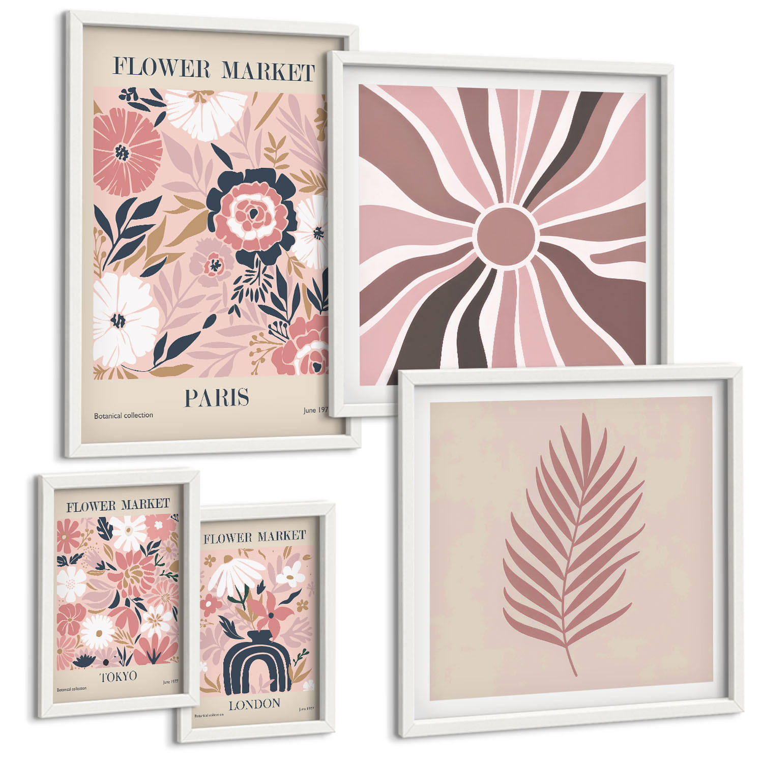 BILDER SET 5er Set - 50x50 cm & 20x30 cm & 40x60 cm Weißer Rahmen - Blumenmuster, Blätter, Geometrie - Weiß, Kunststoff (40/60cm) - TULUP