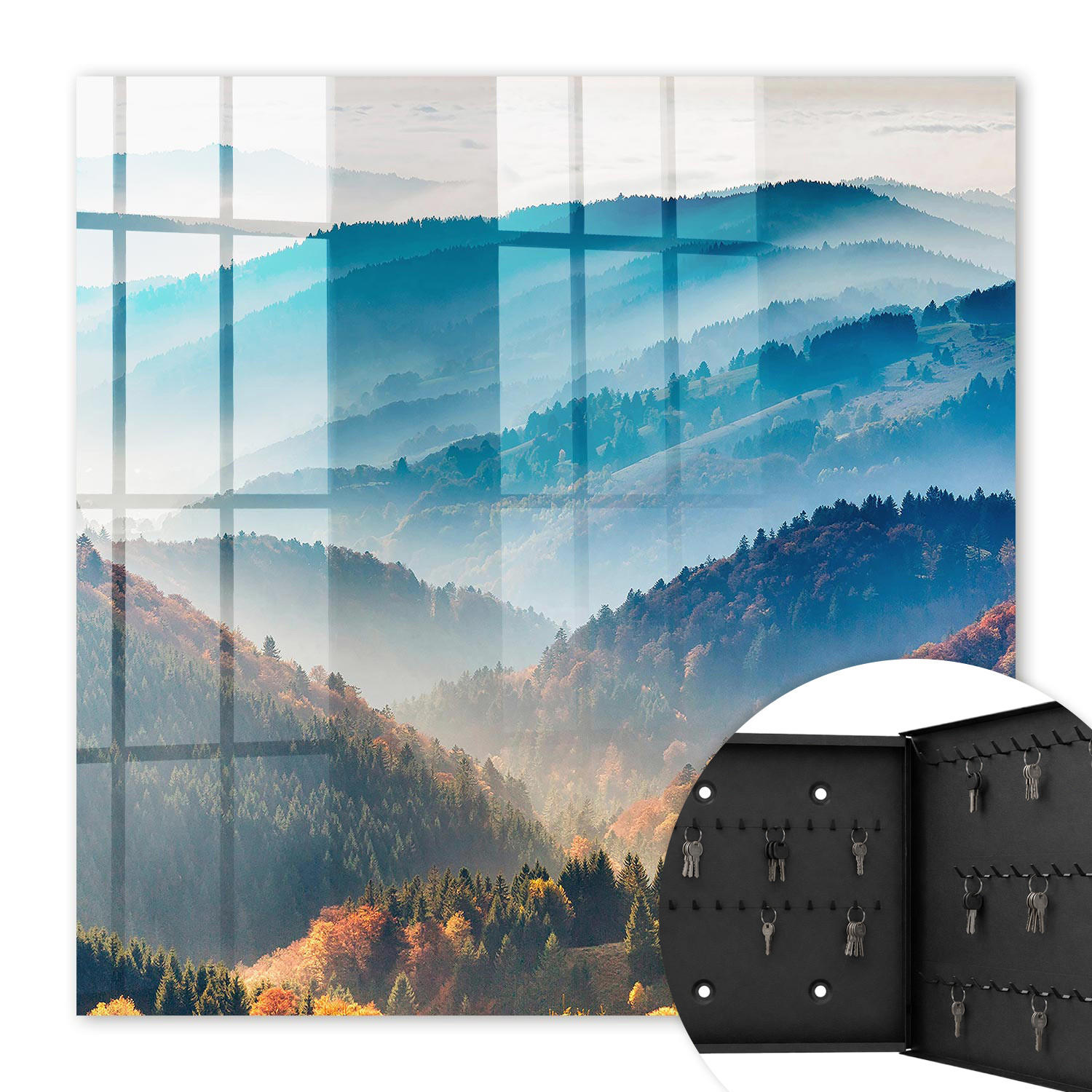 SCHLÜSSELBOX Schwarz 30x30 cm- Türöffnung nach rechts - Berglandschaft - Blau, Metall (30/30/5cm) - TULUP