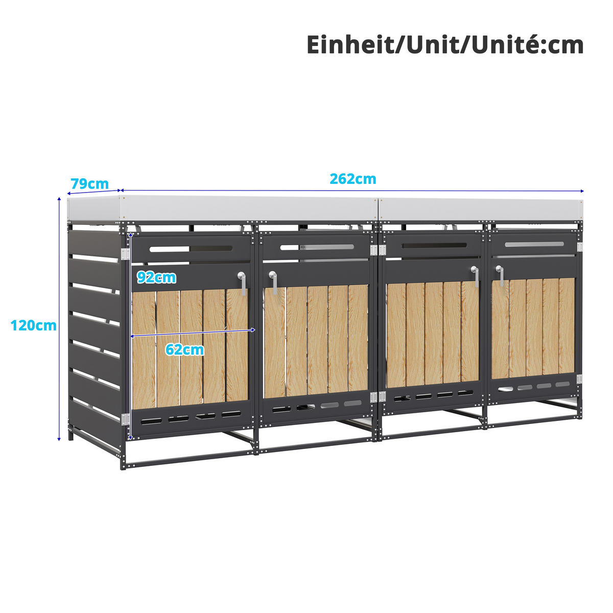 MÜLLTONNENBOX 4er Set Pflanzkasten Holzoptik Schloss - Schwarz, Metall (262/120/79cm) - LEBENLANG