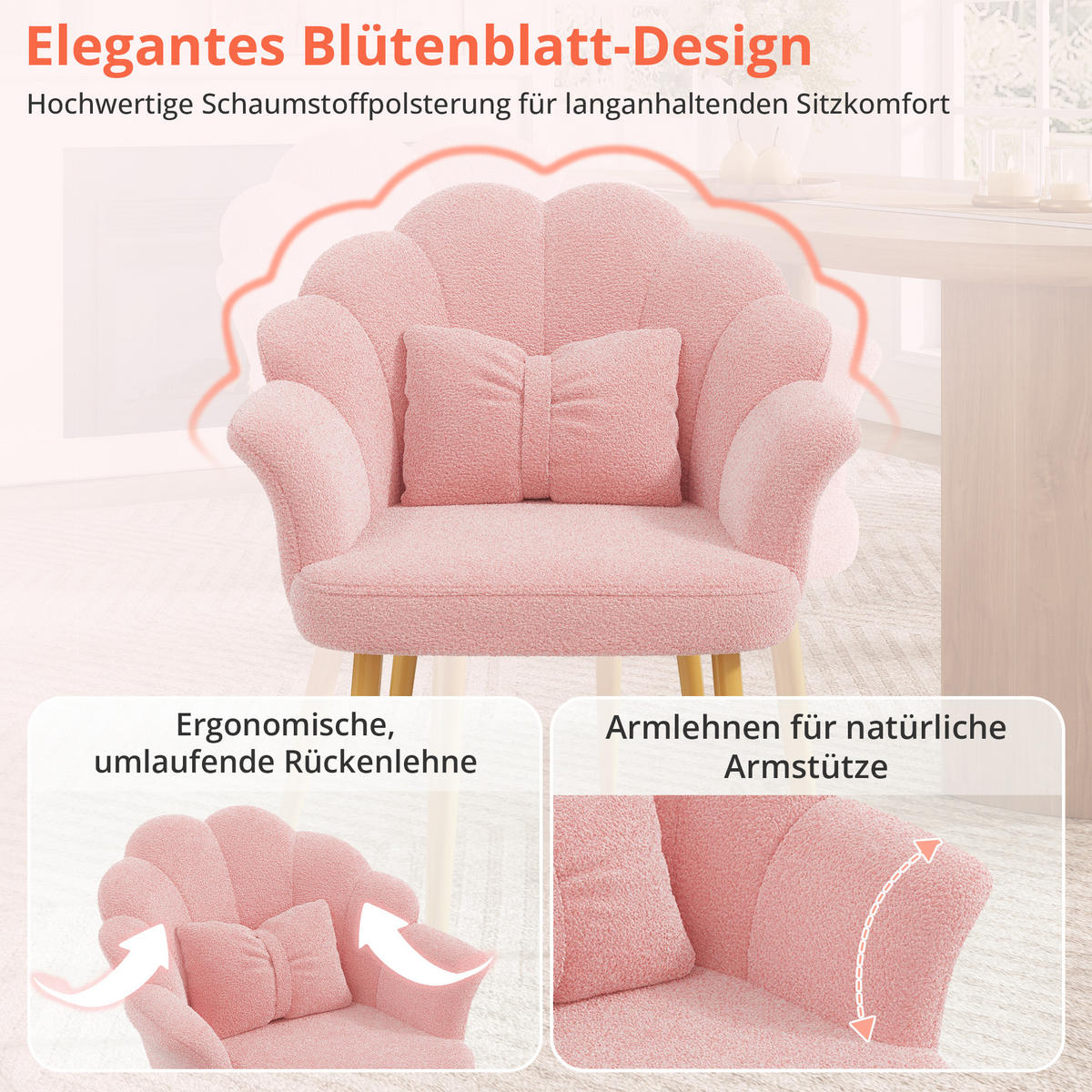 ARMLEHNSTUHL Blütenblatt-Design mit Schleifenkissen, DE-42136, Rosa - Pink, Holzwerkstoff (65.5/85/64cm) - ComfortXL