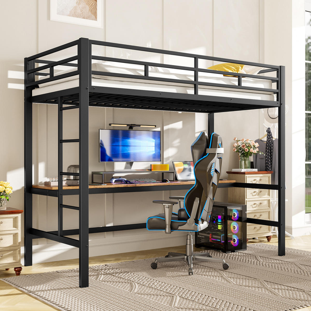 VYSOKÁ postel 90/200 cm černá s psacím stolem LED osvětlením a nabíjením z kovu a MDF - černá, kov (90/200cm) - OKWISH