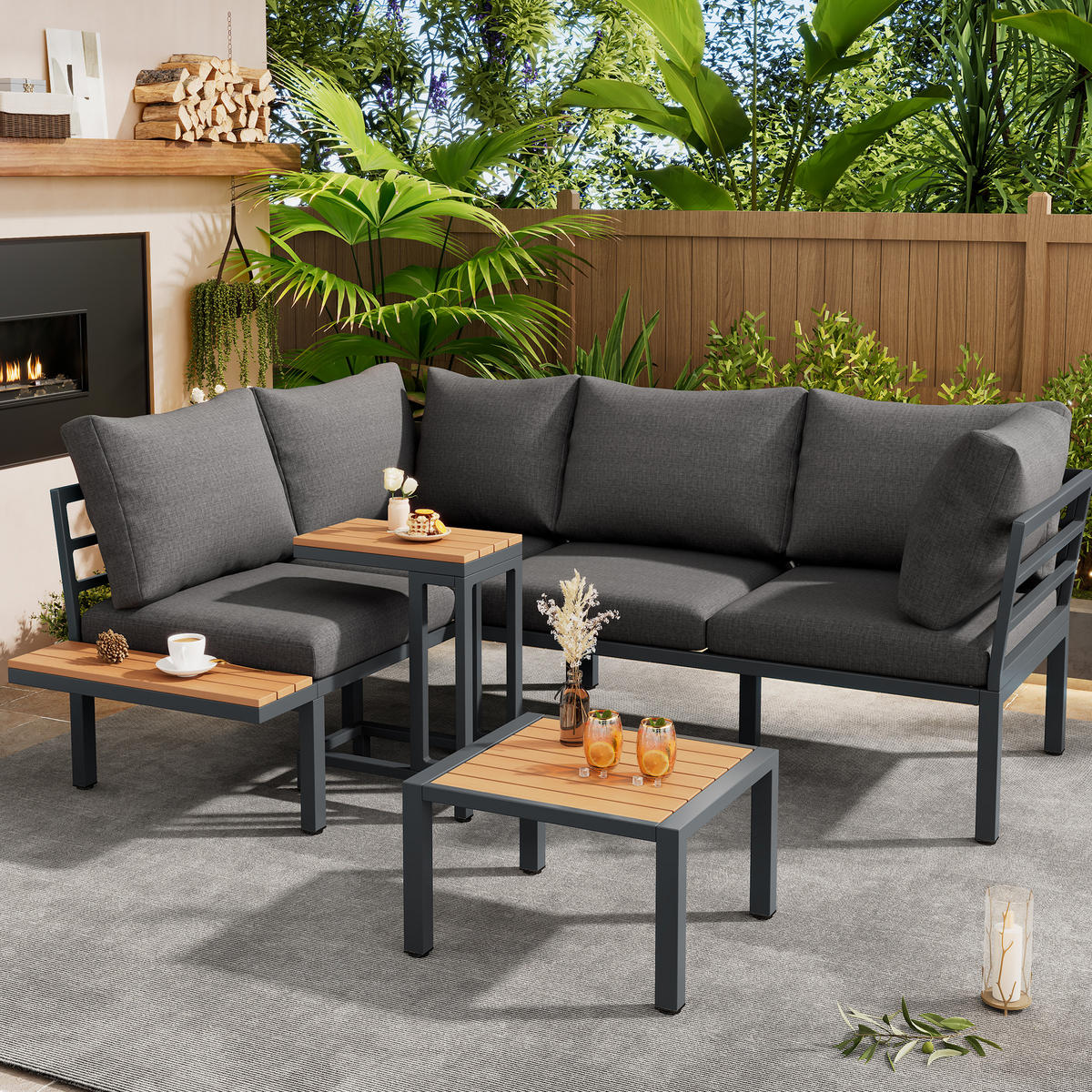 LOUNGEGARNITUR Grau/Schwarz aus Polyester und Stahl 3er Set - Grau, Metall - OKMYHOME