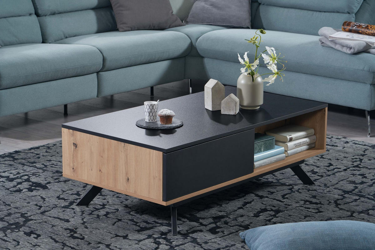 COUCHTISCH Eiche-Dekor Schwarz mit Stauraum, Wasserabweisend, 110x60x38 cm - Schwarz/Braun, Holz/Metall (60/110/38cm) - KADIMA DESIGN