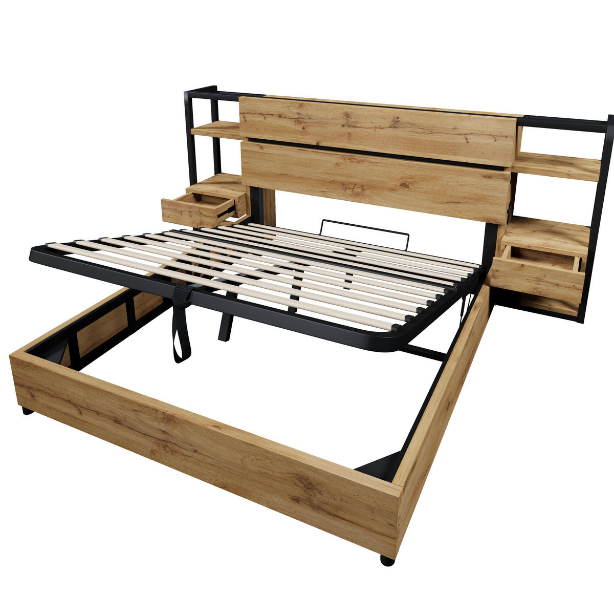 MANŽELSKÁ postel 160/200 cm dubová z MDF a kovu s úložným prostorem a USB nabíjením - barva dubu, kompozitní dřevo (160/200cm) - OKWISH