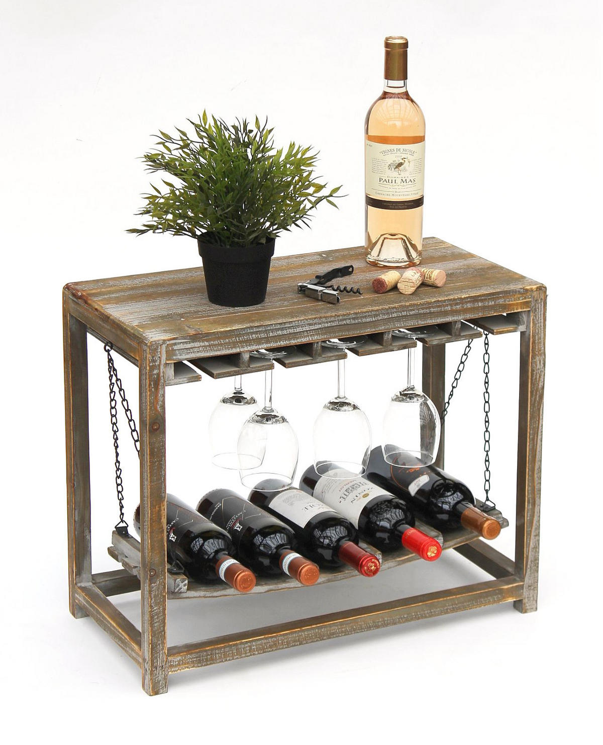 WEINREGAL mit Glashalter und Ablage Braun Holz 47 cm 9202-R - Braun, Holz (57/47/27cm) - DanDiBo