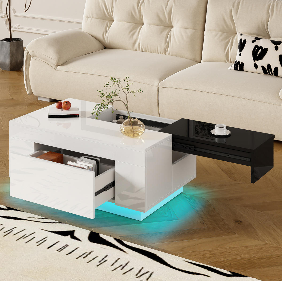 COUCHTISCH 80/50 cm in Schwarz/Weiß mit LED-Beleuchtung und ausziehbarer Tischplatte - Weiß, Holzwerkstoff (80/50/35.5cm) - Flora Grace