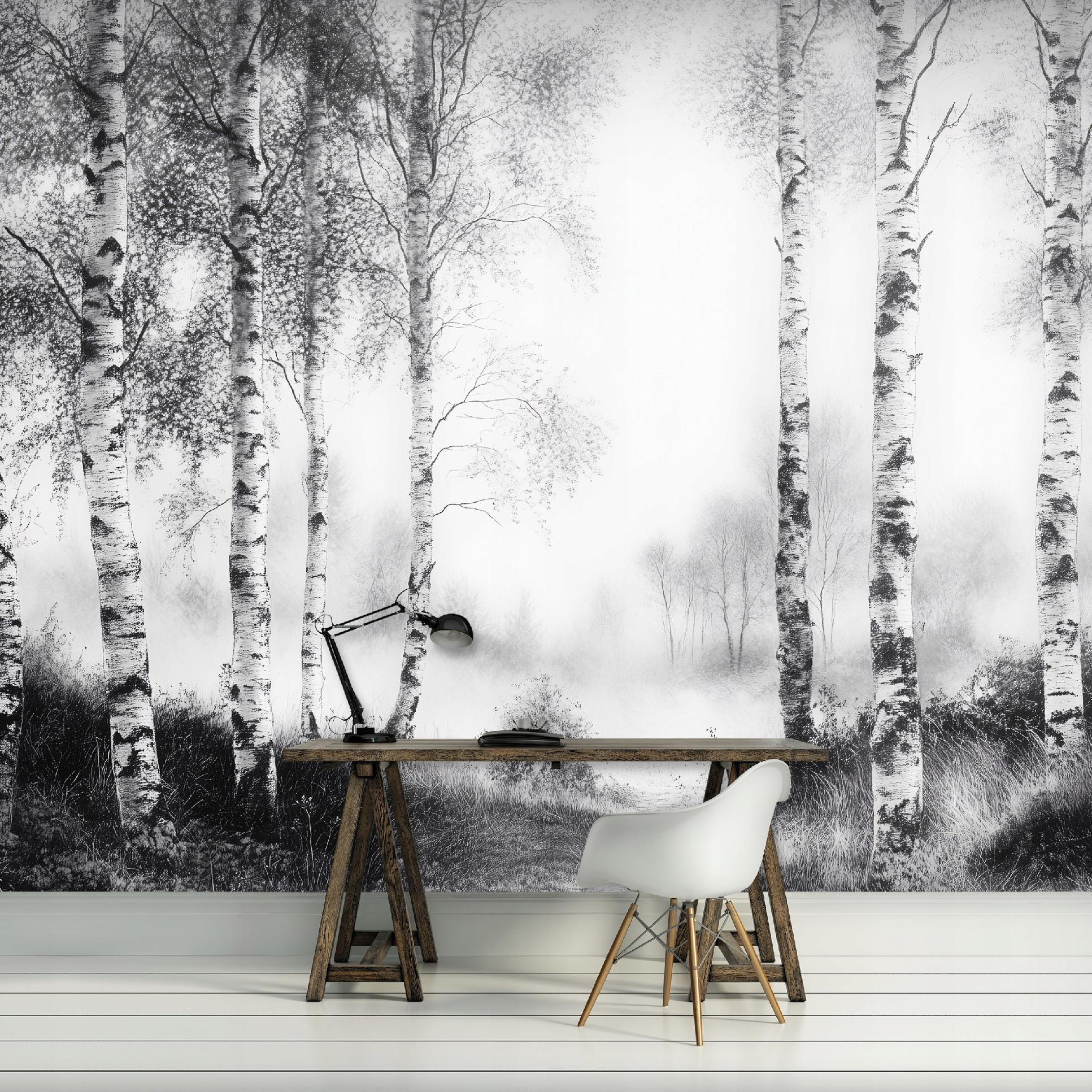 FOTOTAPETE Wald Schwarz Weiß Vlies Tapete Wohnzimmer Schlafzimmer 400x280 - Grau, Papier (400/280cm) - Wallarena