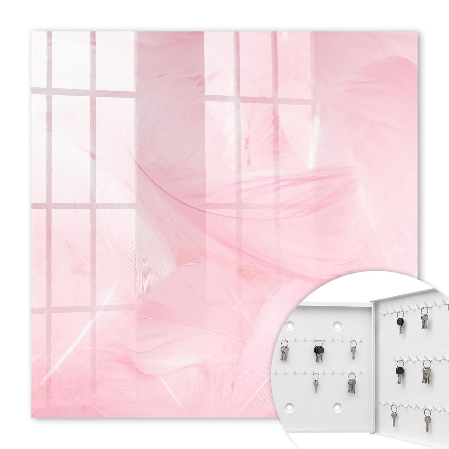 SCHLÜSSELBOX Weiß 30x30 cm – Türöffnung nach rechts - Rosa Federn - Pink, Metall (30/30/5cm) - TULUP