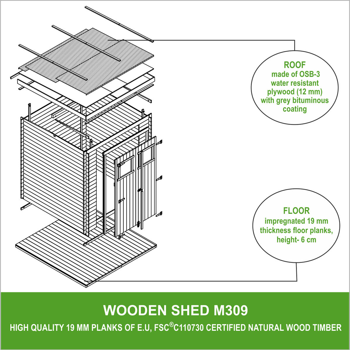 GARTENHAUS HOLZ mit imprägnierten Boden B204xL204xH202 cm/ 3.53 m2 M309+M309G - Beige, Holz (204/206/204cm) - Timbela