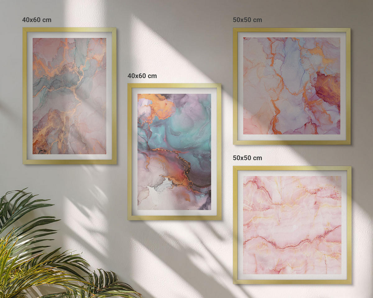 BILDER SET 4er Set - 50x50 cm & 40x60 cm Goldrahmen - Abstrakte Pastellmuster - Goldfarben, Kunststoff (50/50cm) - TULUP
