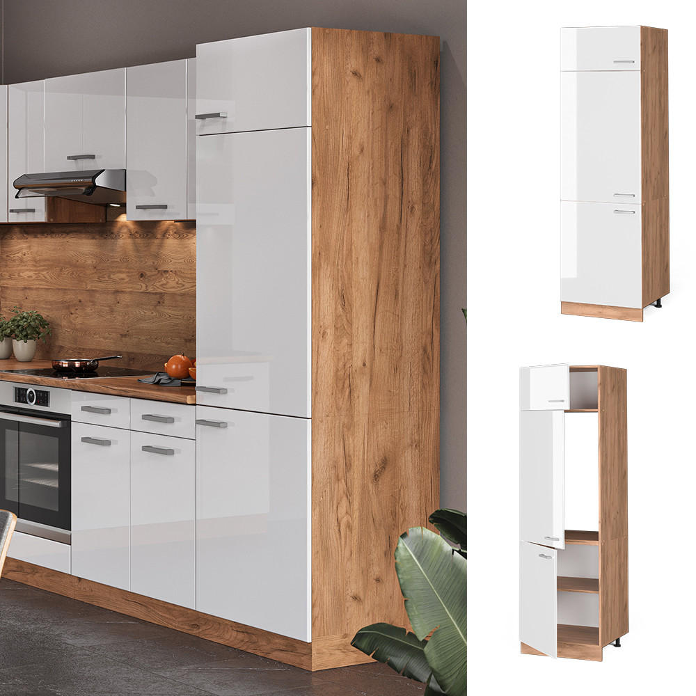 KÜHLUMBAUSCHRANK R-Line Weiß Hochglanz 60 cm - Honigeiche/Weiß Hochglanz, Holzwerkstoff (60/206.8/57.2cm) - Vicco