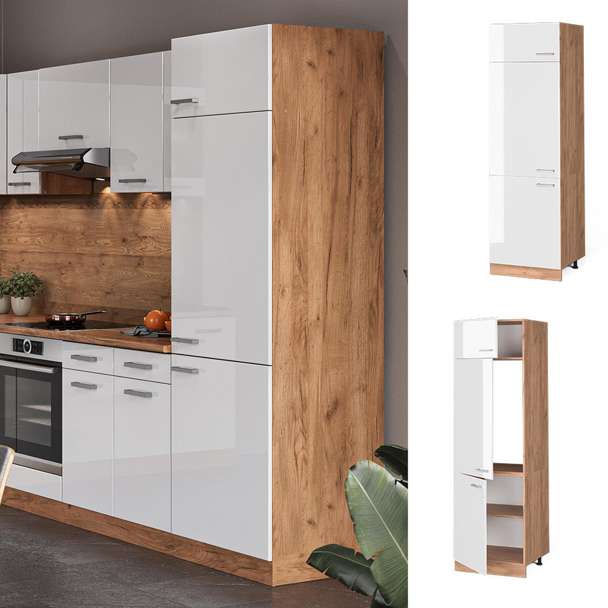 KÜHLUMBAUSCHRANK R-Line Weiß Hochglanz 60 cm - Honigeiche/Weiß Hochglanz, Holzwerkstoff (60/206.8/57.2cm) - Vicco