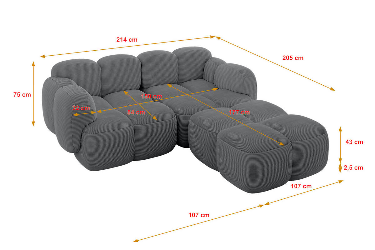 ECKSOFA modulares Sofa Rechts Miko-L1 214x205x75 Dunkelgrau Cord - Graphitfarben/Schwarz, Holzwerkstoff/Kunststoff (214/205cm) - ALTDECOR