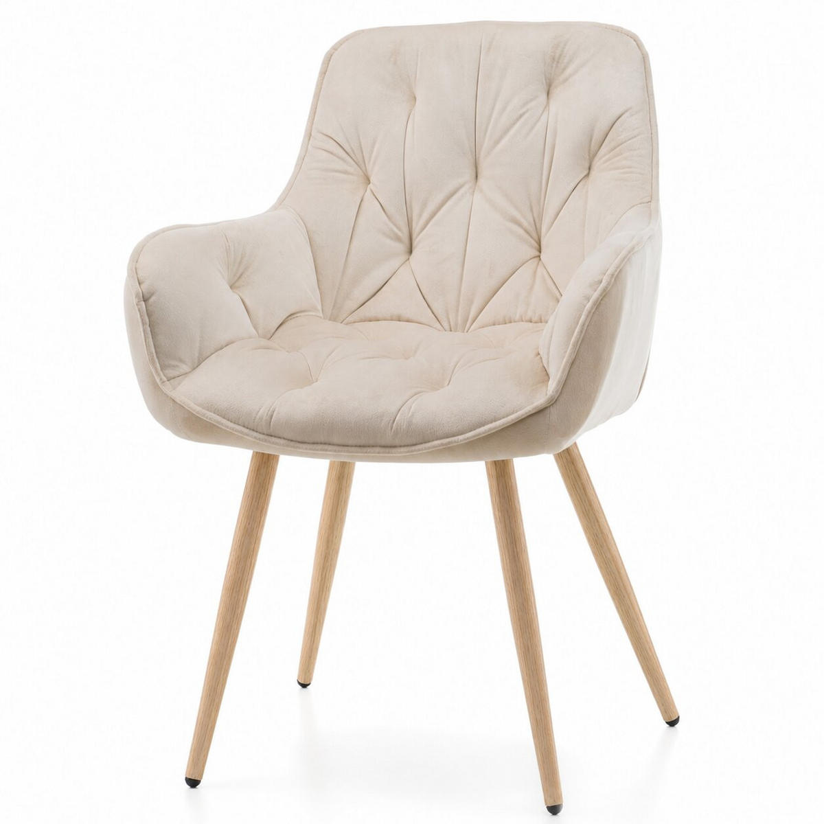 STUHL SIENA gepolstert mit Steppung - beige, Beine in Holzoptik - Samt Velours - Ecru/Eichefarben, Textil/Metall (58/87/61cm) - NEW HOME