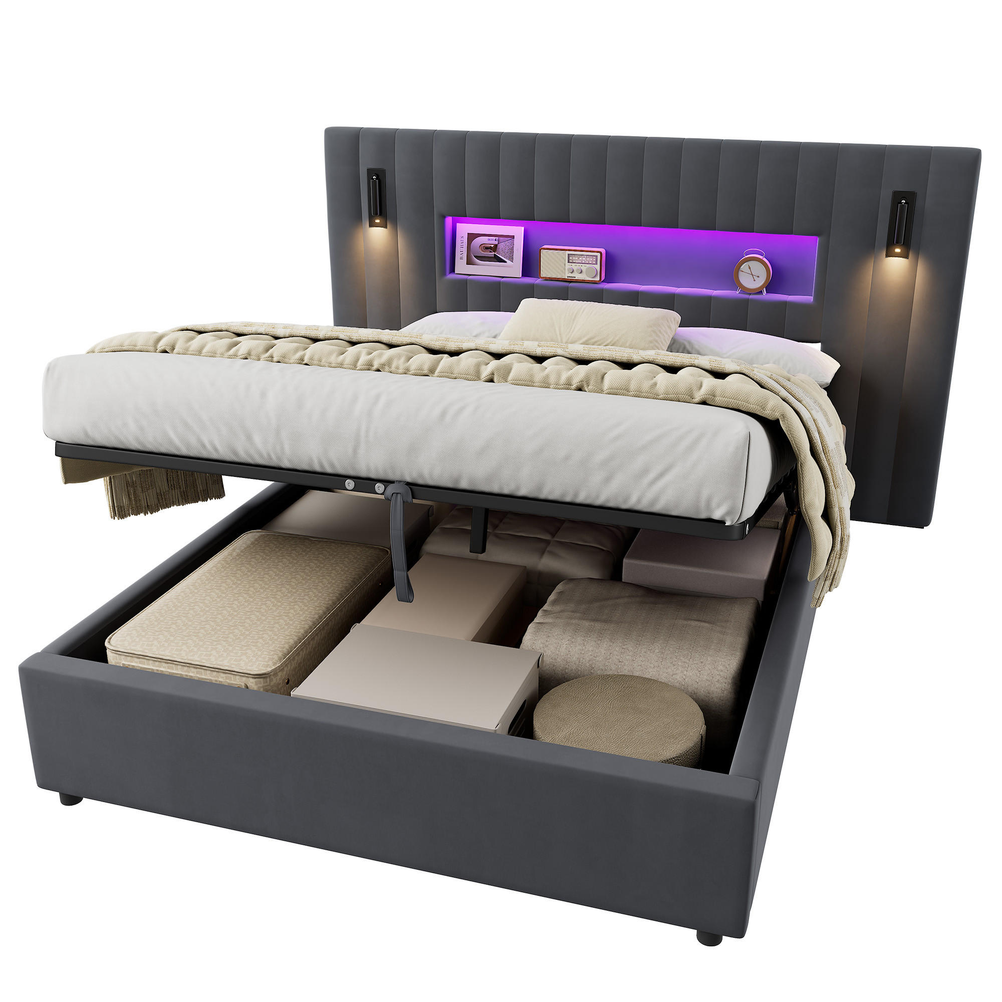 OKWISH ČALOUNĚNÁ postel 140/200 cm tmavě šedá ze sametu s hydraulickým úložným prostorem, LED čtecími lampami a USB konektory